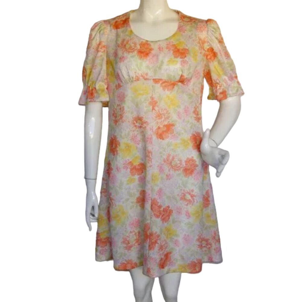 Vintage MOD Mini Dress, S, White, Multicolor Floral, Handmade, Short sleeve